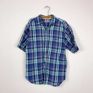 VINTAGE Shah Safari Seersucker Plaid Short Sleeve Button Shirt Size Medium